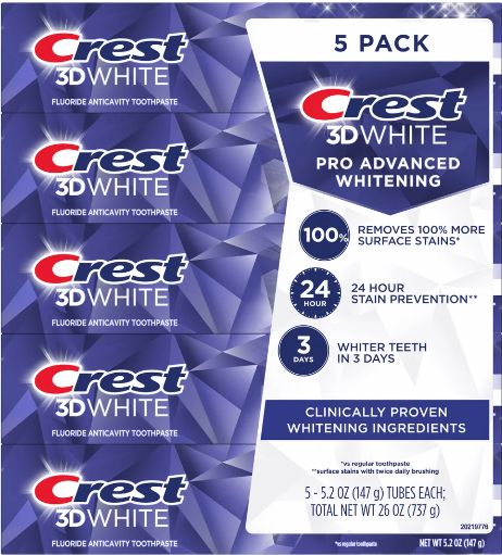 Crest 3D White Advanced Whitening Toothpaste 5.2 oz 5 count